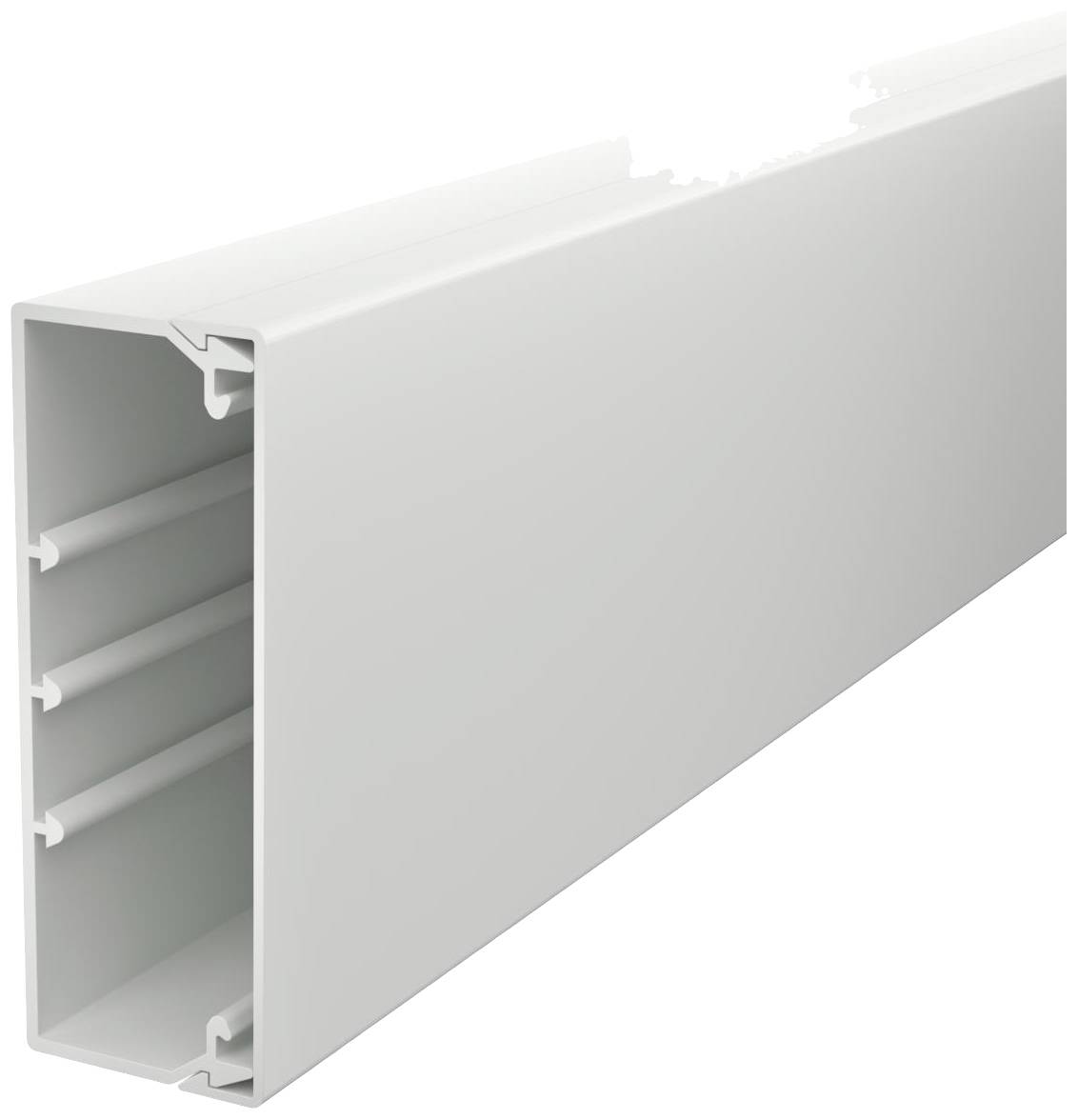 Ein weißer Kabelkanal mit mehreren inneren Fächern zur geordneten Führung von Kabeln in Gebäuden.
