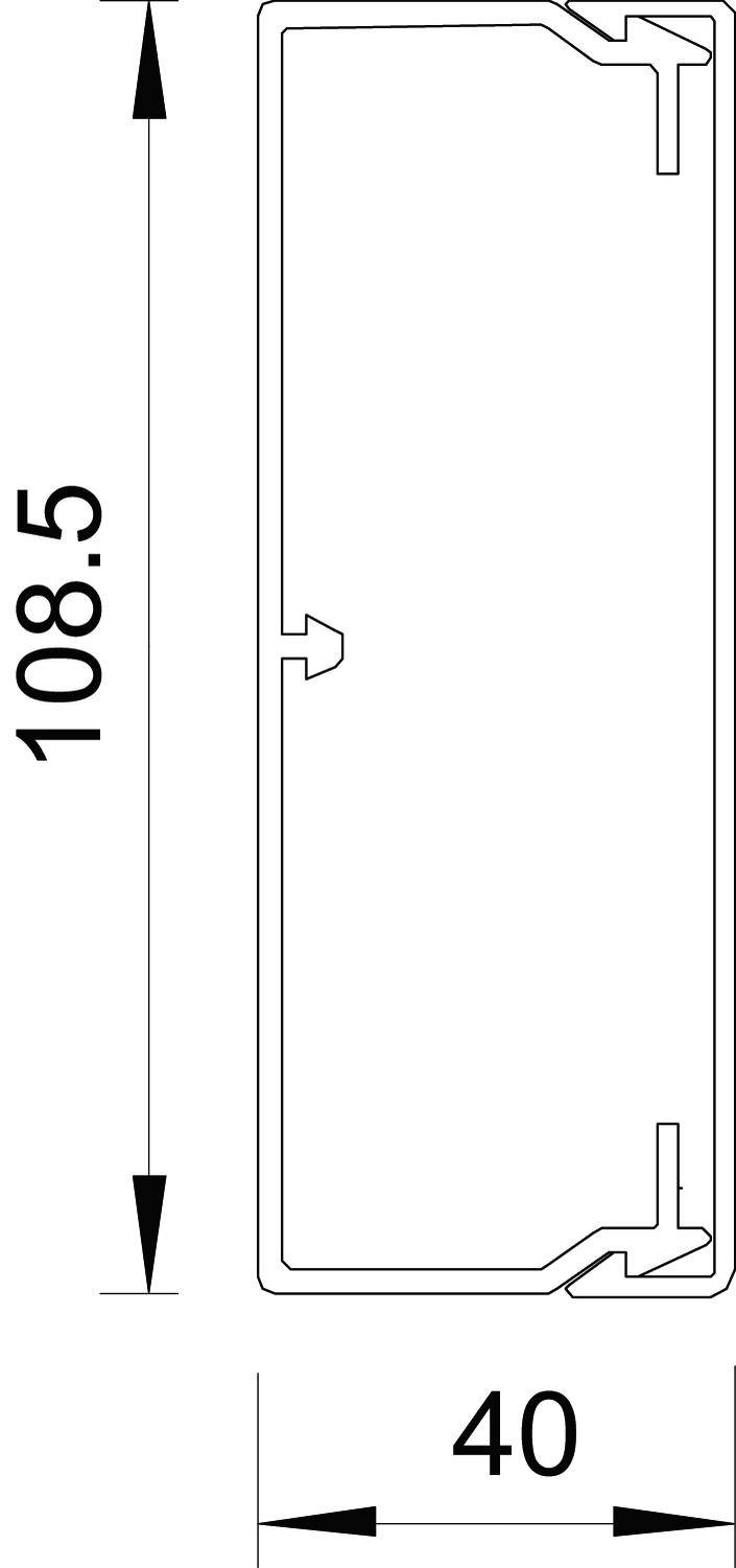 Längsschnitt eines rechteckigen Profils mit den Maßen 108,5 mm in der Höhe und 40 mm in der Breite, technische Zeichnung.