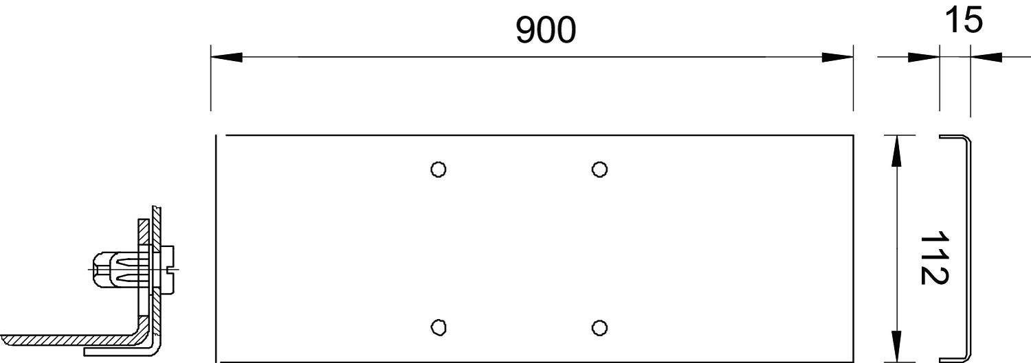 Technische Zeichnung: Rechteckige Platte, 900 mm breit, 112 mm hoch, mit vier Bohrlöchern. Seitenansicht mit Befestigungselementen links.