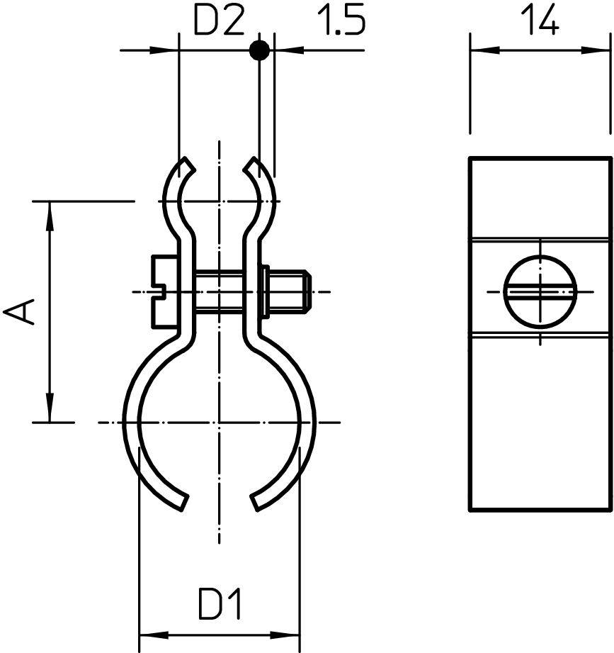 Technische Zeichnung einer Schellen-Klemme mit Maßen: D1, D2, A, 1.5, und 14. Zeigt Vorder- und Seitenansicht der Klemme.