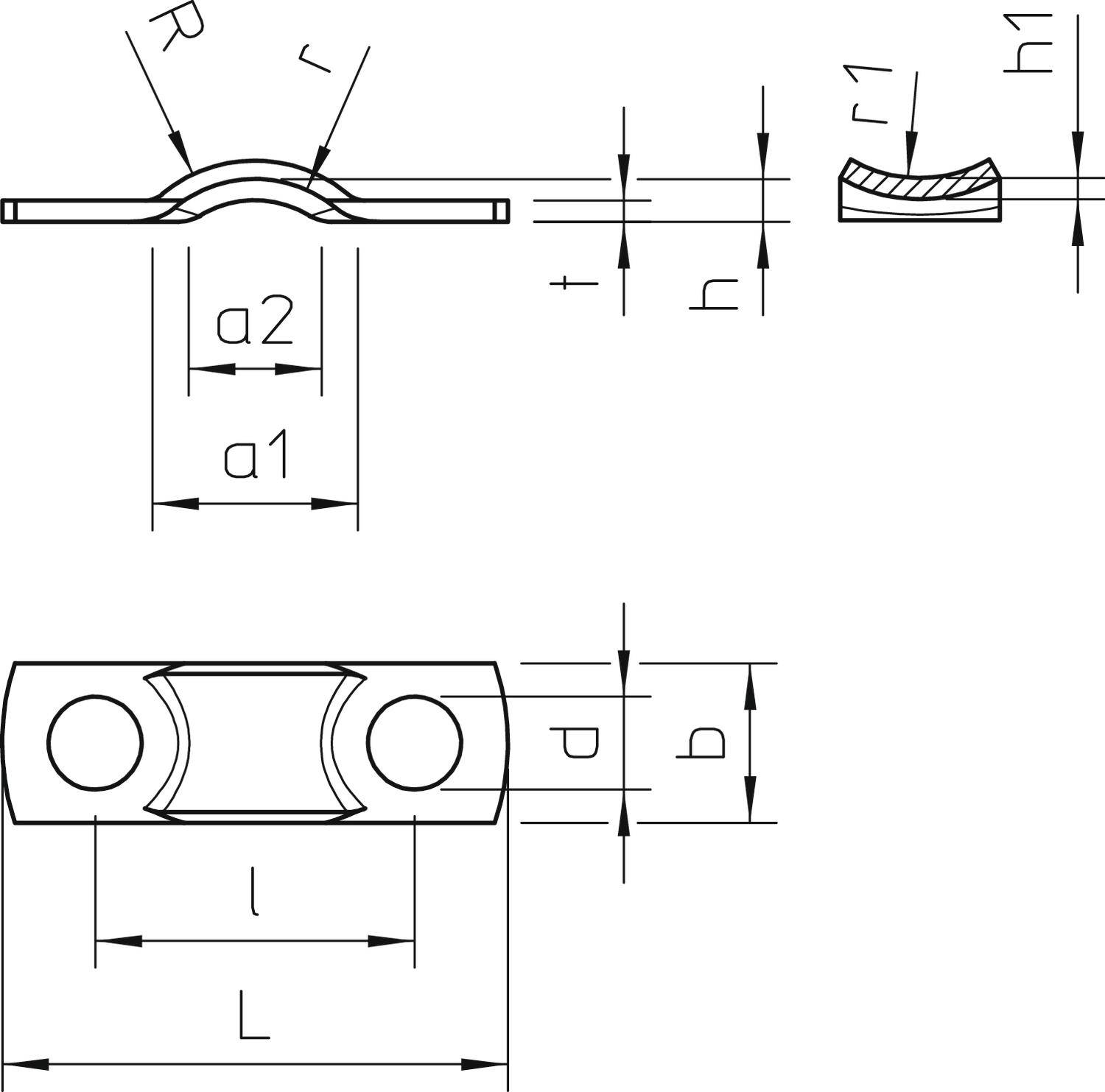 Technische Zeichnung einer Verbindungsschelle mit Abmessungen: a1, a2, R, r, t, h, h1, r1, d, D, l, L. Zeigt Seiten- und Frontansicht.