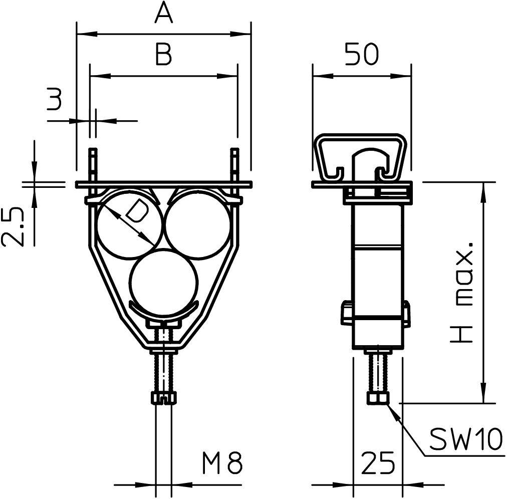 Technische Zeichnung einer Kugellagerrolle mit Maßangaben. Enthält Dimensionen A, B, Durchmesser der Rollen, Gesamthöhe und Gewinde M8.