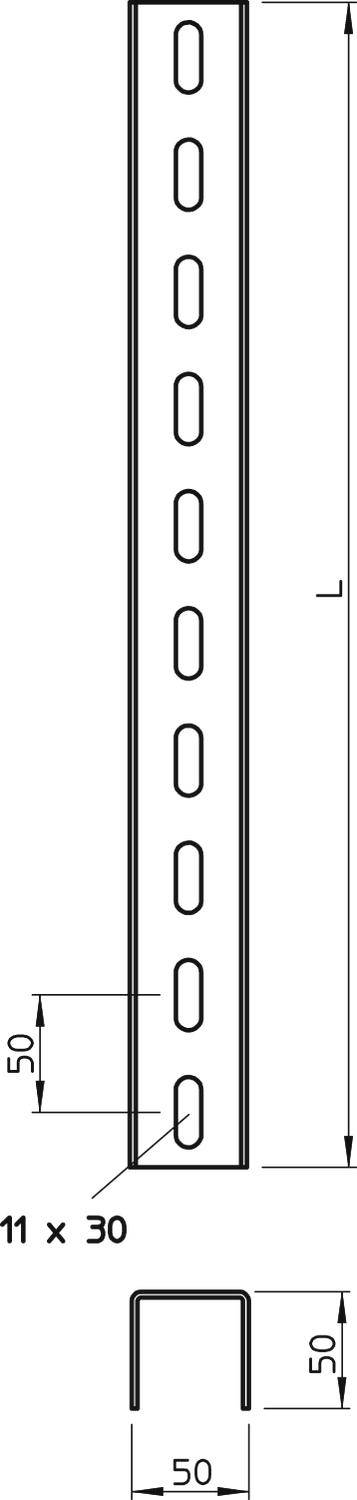 Technische Zeichnung eines L-Profils mit mehreren rechteckigen Öffnungen. Maße: Länge 'L', Breite 50mm, Lochabstand 50mm.