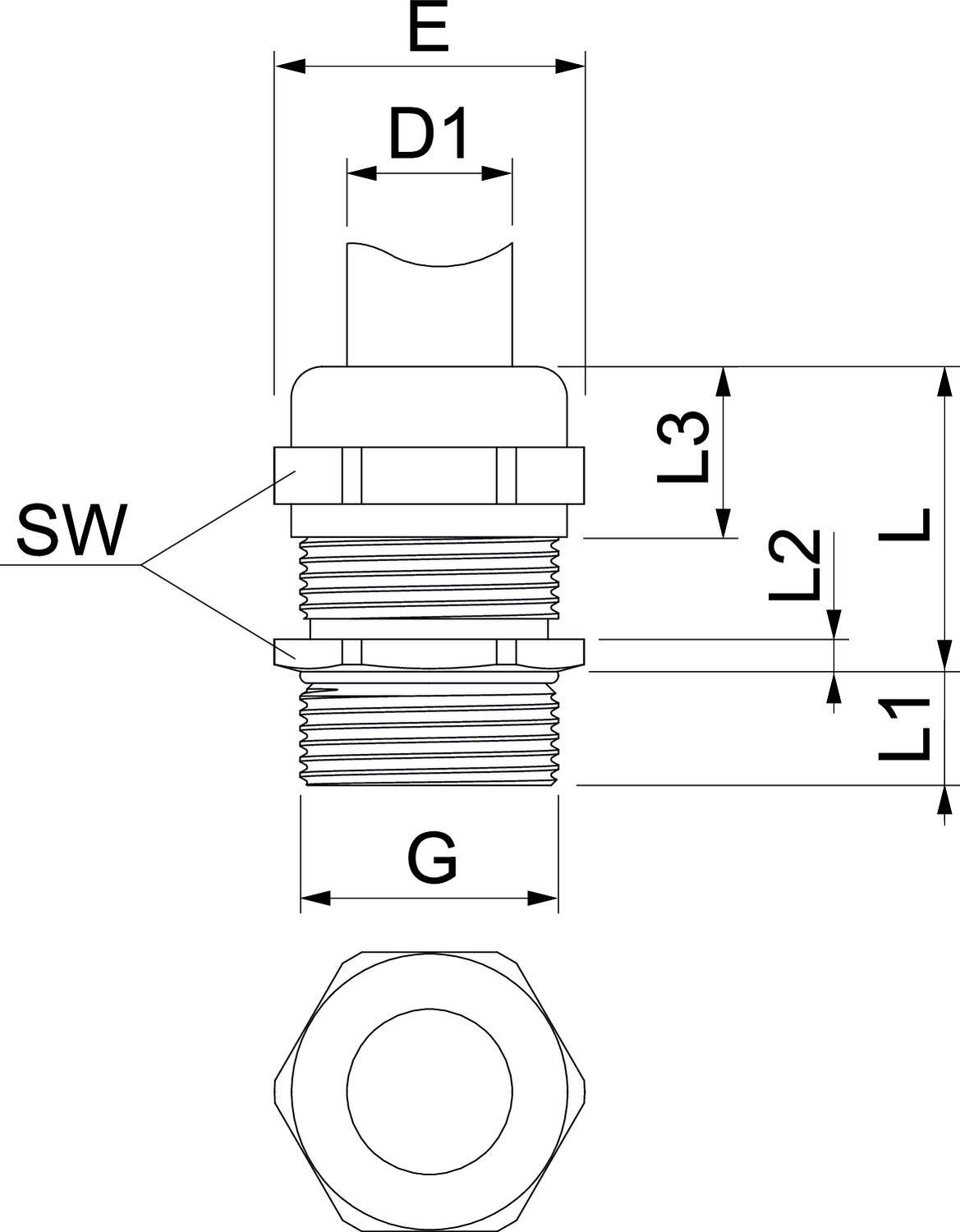Technische Zeichnung eines Gewindestutzen, zeigt Durchmesser E, D1 und G, sowie Längen L, L1, L2, L3. Obenansicht und Seitenansicht.