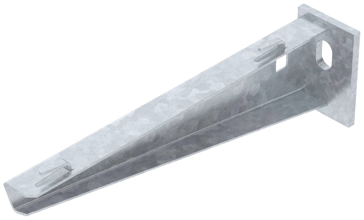 Stahlwinkel zur Wandbefestigung mit Lochbohrungen, geeignet für schwere Lasten. Silbernes, verzinktes Material für Rostschutz.