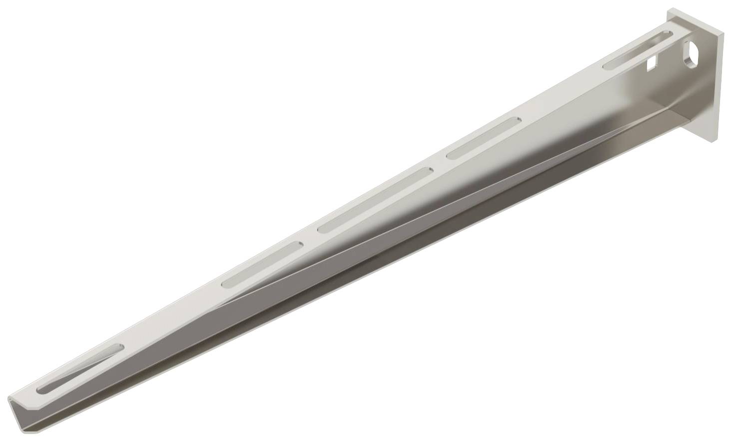 Metallischer Regalwinkel, dreieckige Form, mit Bohrlöchern zur Wandmontage.