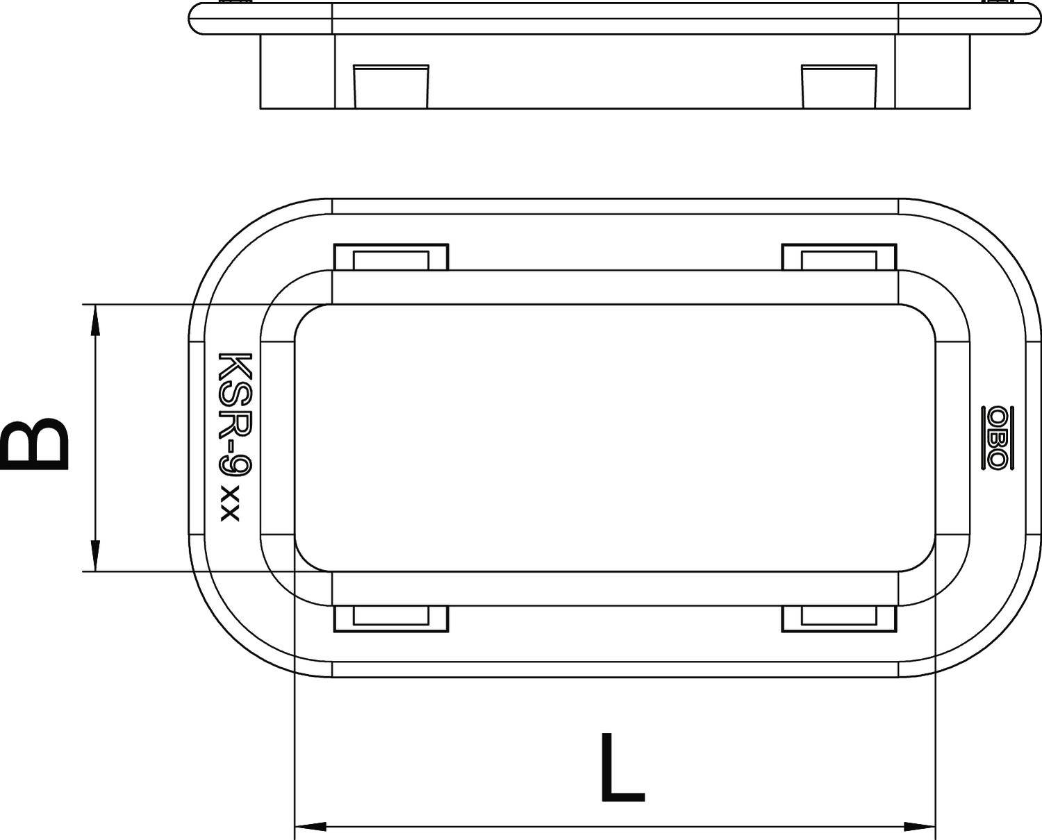 Technische Zeichnung einer rechteckigen Komponente mit den Maßen B und L. Beschriftung 'KSR-9' und Anschlüsse erkennbar.
