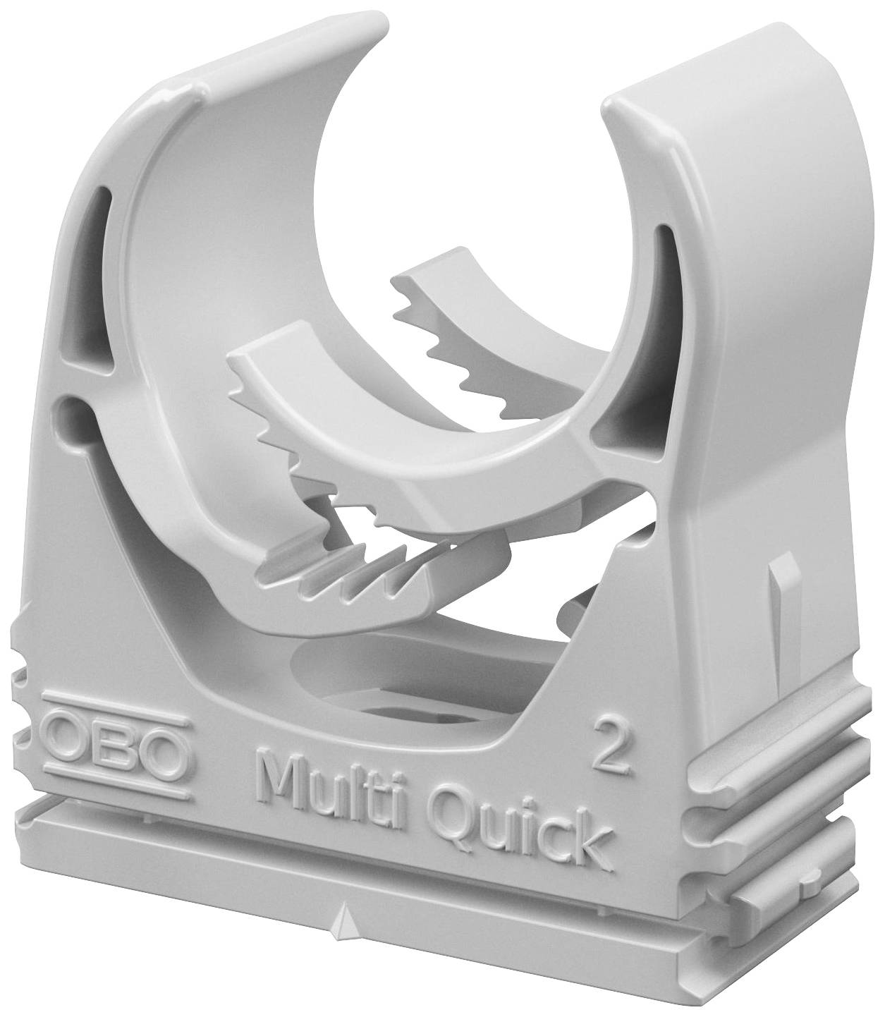 Grauer Kunststoff-Kabelclip mit der Aufschrift 'OBO Multi Quick 2'. Clip hat ein flexibles, gezahntes Design zum Halten von Kabeln.