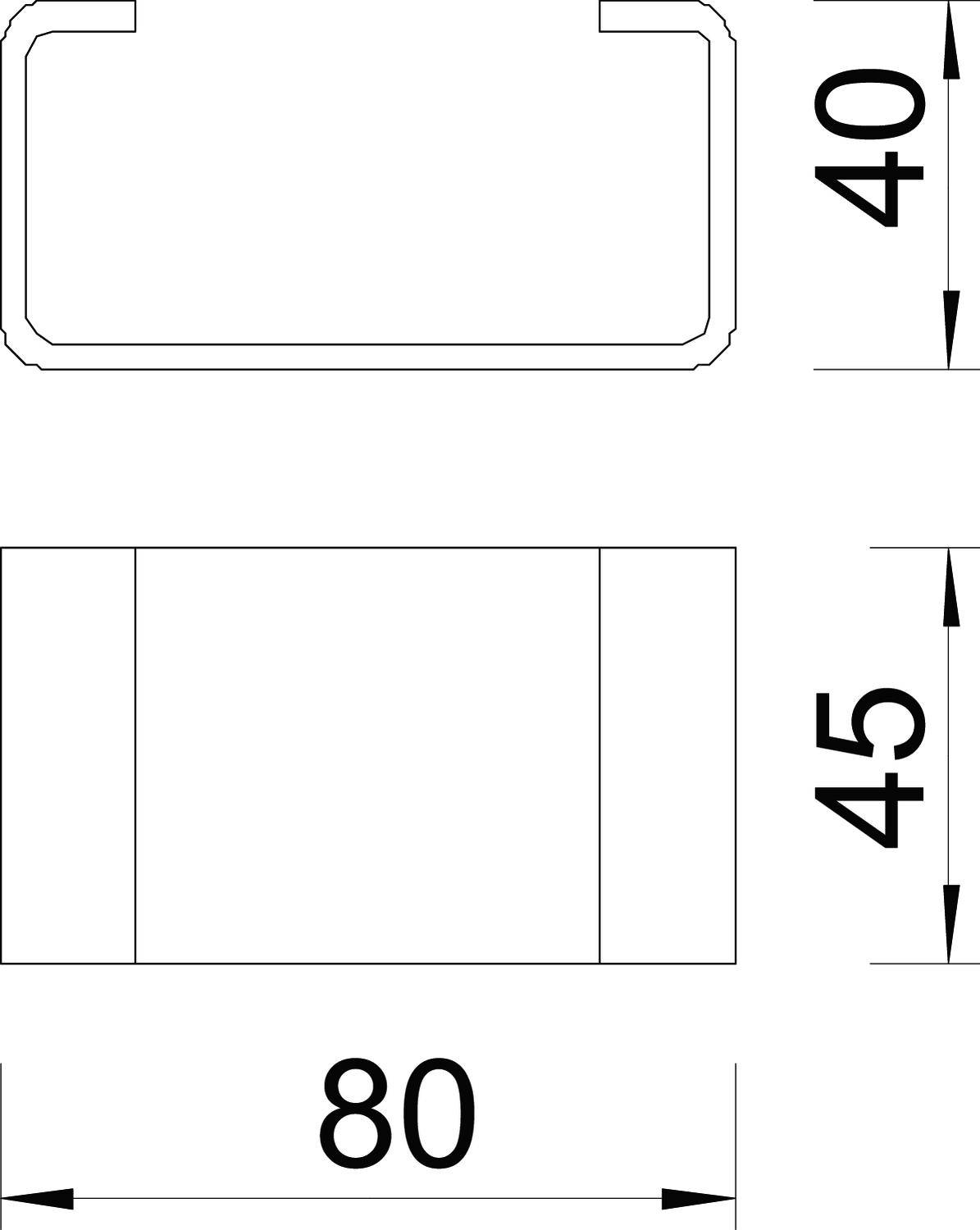 Technische Zeichnung eines rechteckigen Metallprofils mit Bemaßungen: 80 mm Breite, 45 mm Höhe, 40 mm Innentiefe.