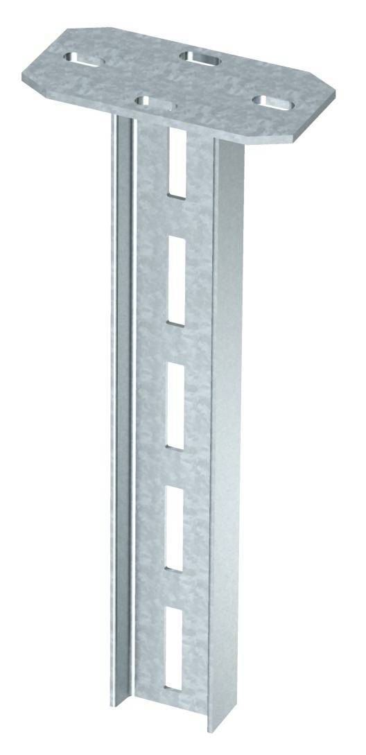 Metallschiene mit symmetrischen Schlitzen und rechteckiger Halterung oben, wahrscheinlich für Bau- oder Montagezwecke verwendet.