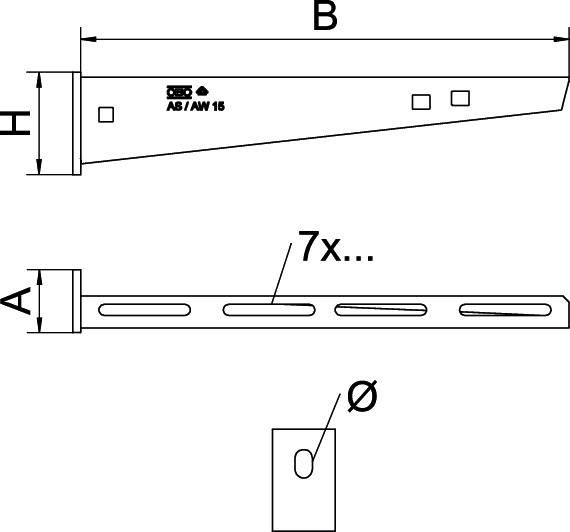 'AS/AW 15' Metallbauteil mit Maßangaben: Länge 'B', Höhe 'H', Breite 'A'. Sieben Langlöcher zur Befestigung.