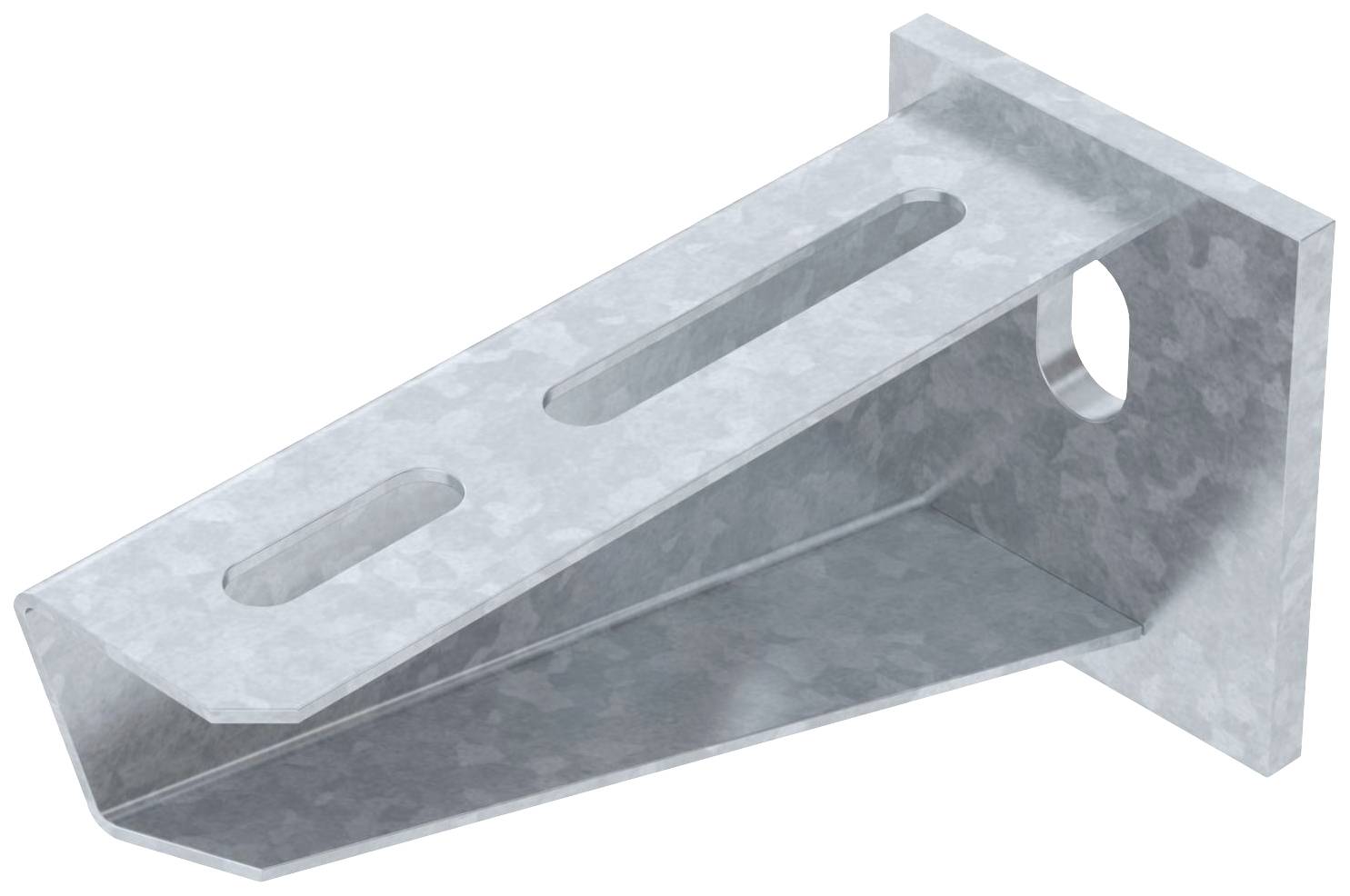 Metallwinkel mit zwei länglichen Öffnungen auf der Oberseite, rechteckige Basis mit Loch, verwendet zur Befestigung oder Unterstützung.
