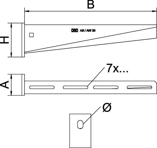 Technische Zeichnung einer Metallkonsole. Maße B, H, A und ø angegeben. 7 Schlitze für Befestigung. Kennzeichnung 'AS/AW 30'.