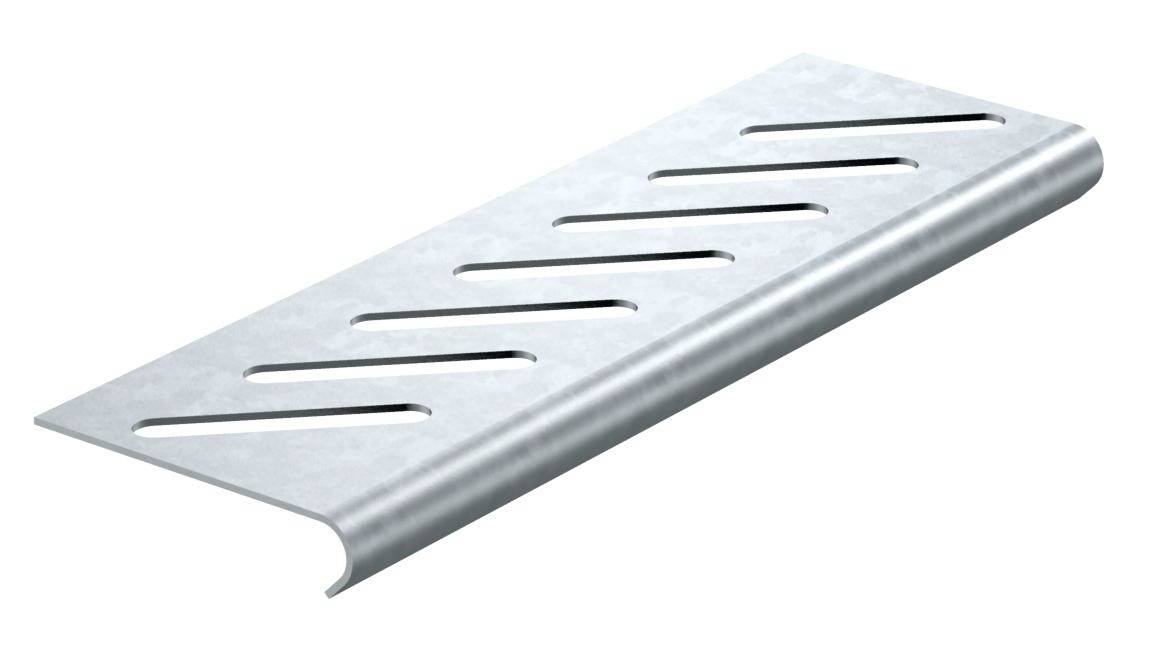 Metallisches Bodenprofil mit Schlitzen für rutschfeste Treppenstufen oder Plattformen.