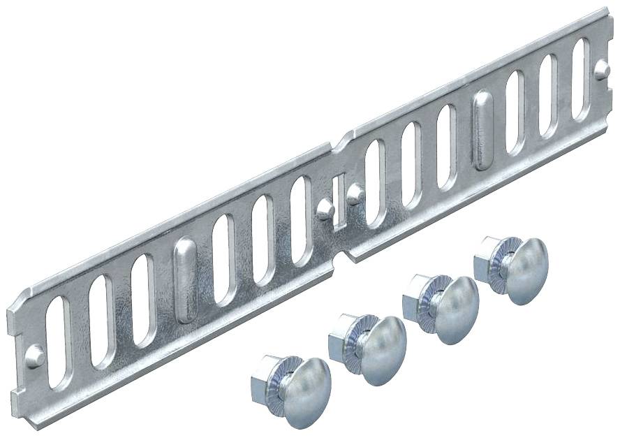Metallhalterung mit Schrauben. Die Halterung hat Schlitze und wird mit vier runden Schrauben geliefert, geeignet für Befestigungen.