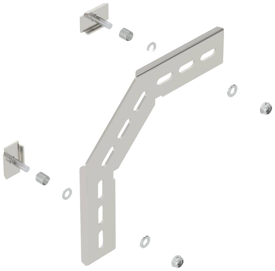 Einzelteile einer Metallhalterung mit Schrauben, Muttern und Unterlegscheiben, die in einer dreiteiligen Montageanordnung gezeigt werden.