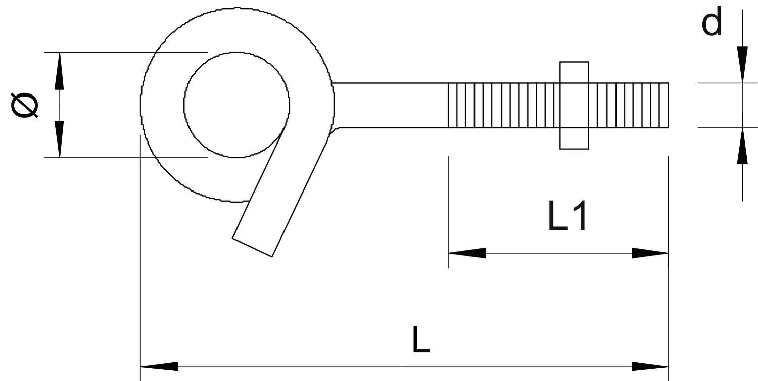 Technische Zeichnung einer Ringschraube mit Beschriftungen: Gesamtlänge 'L', Länge des Schafts 'L1', Durchmesser des Rings 'Ø' und des Schafts 'd'.