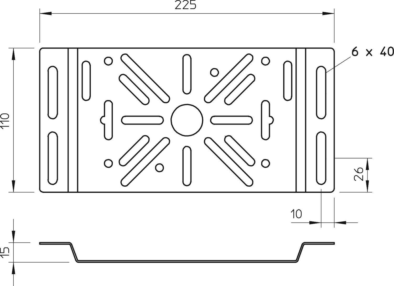 Technische Zeichnung eines rechteckigen Metallobjekts mit Maßen: Breite 225 mm, Höhe 110 mm, Lochmuster und Detailansicht der Seitenansicht.