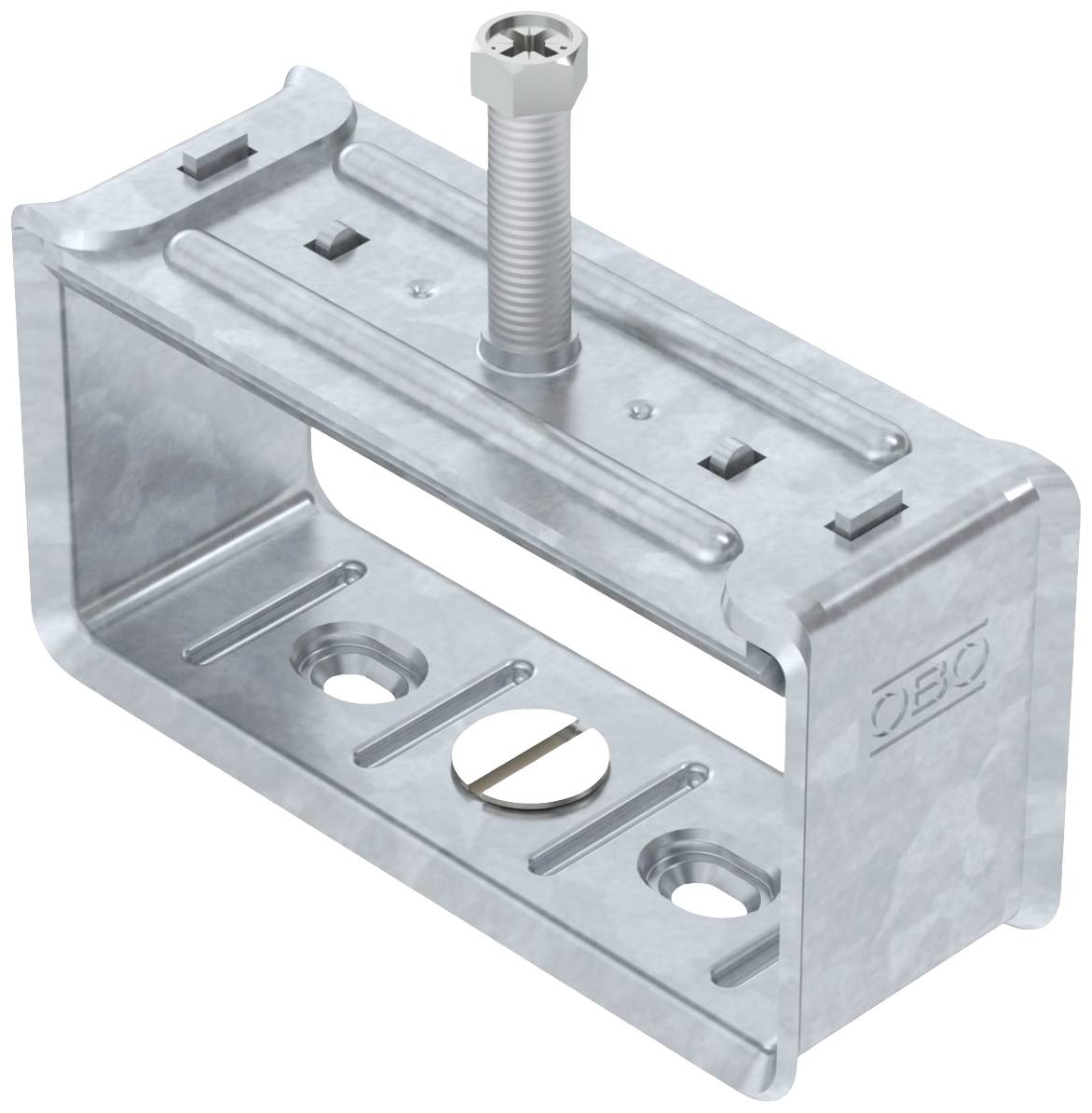 Metallische Kabelklemme mit Schraube zur Befestigung und zwei Löchern zur Installation. Klare, industrielle Konstruktion.