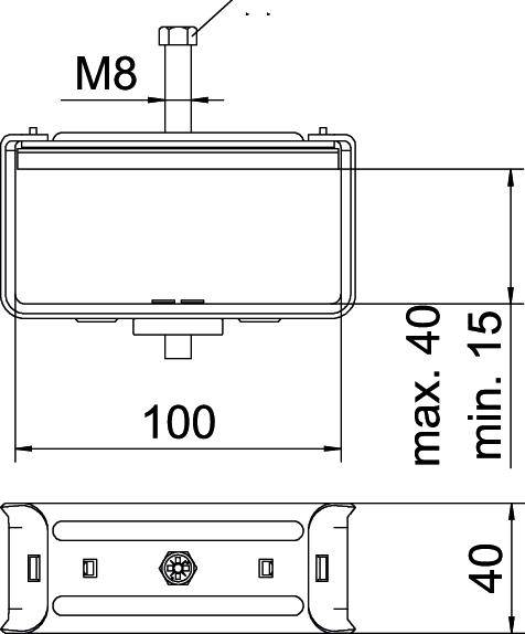 Technische Zeichnung eines rechteckigen Gehäuses mit M8-Anschluss, Breite 100 mm, Höhe 40 mm maximal, 15 mm minimal.