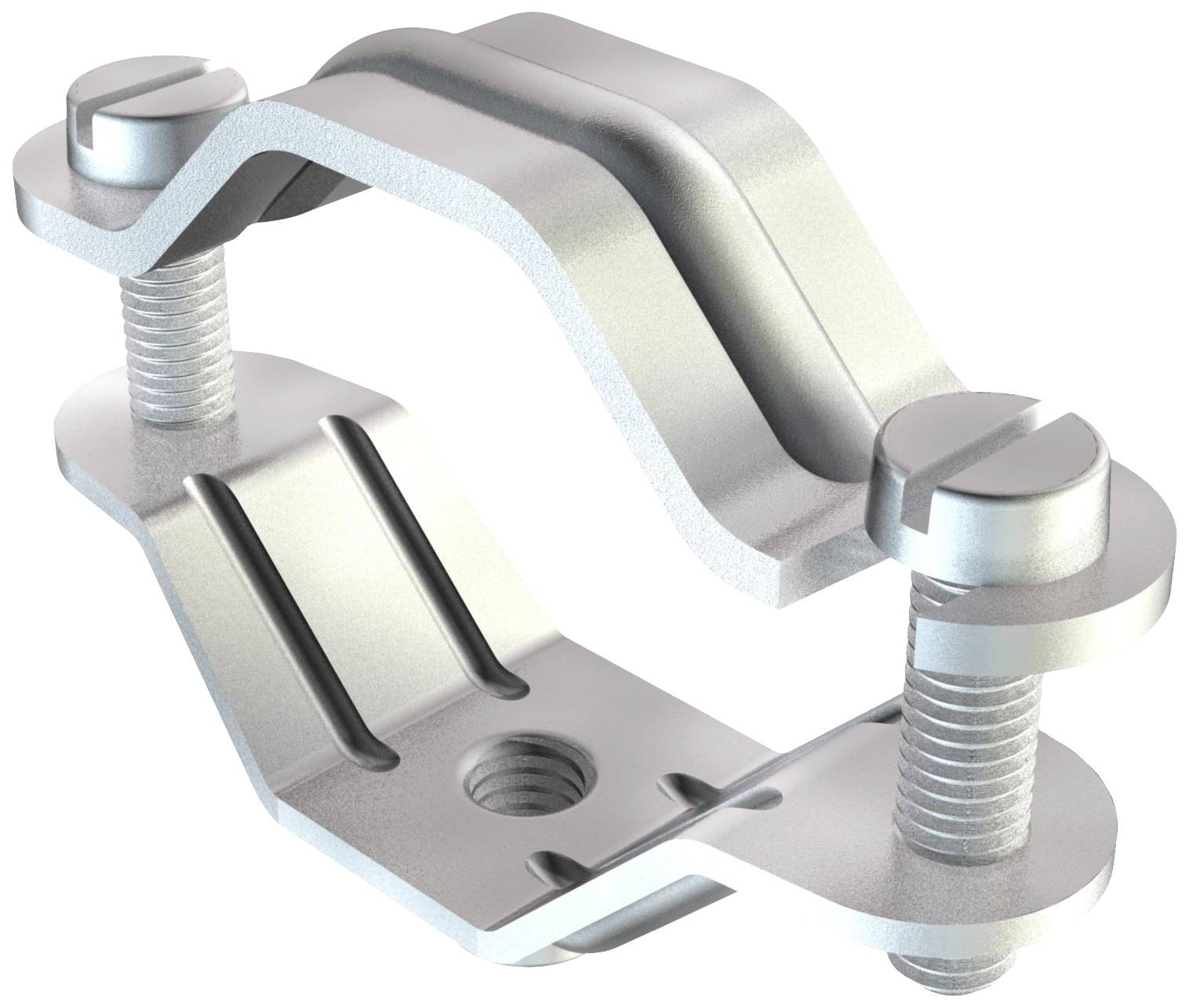 Metallkabelschelle mit zwei Schrauben und gebogener Platte, zur Befestigung von Kabeln an Oberflächen.