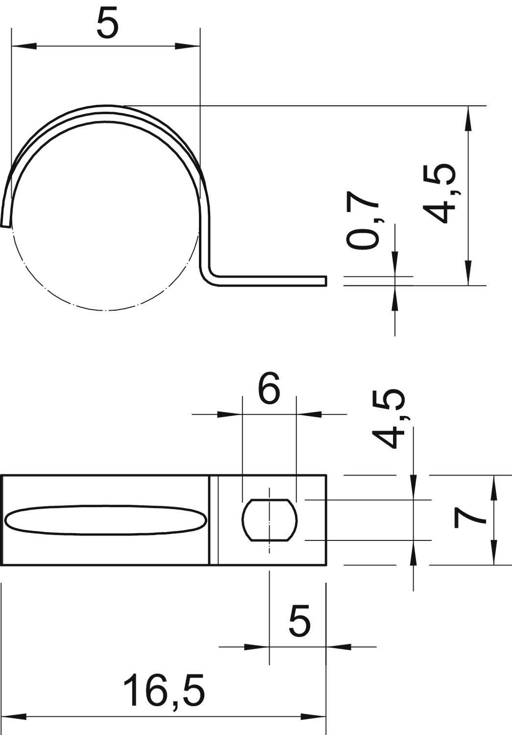 Technische Zeichnung eines Metallhakens mit Bemaßungen: Gesamtlänge 16,5 mm, Breite 7 mm, Hakenhöhe 4,5 mm, Materialstärke 0,7 mm.