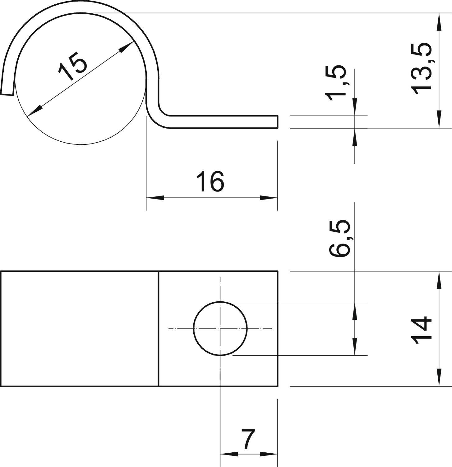Technische Zeichnung eines Bauteils mit Bemaßung; zeigt seitliche und obere Ansicht mit Millimeterangaben: 15, 16, 1,5, 13,5, 6,5, 14, 7.