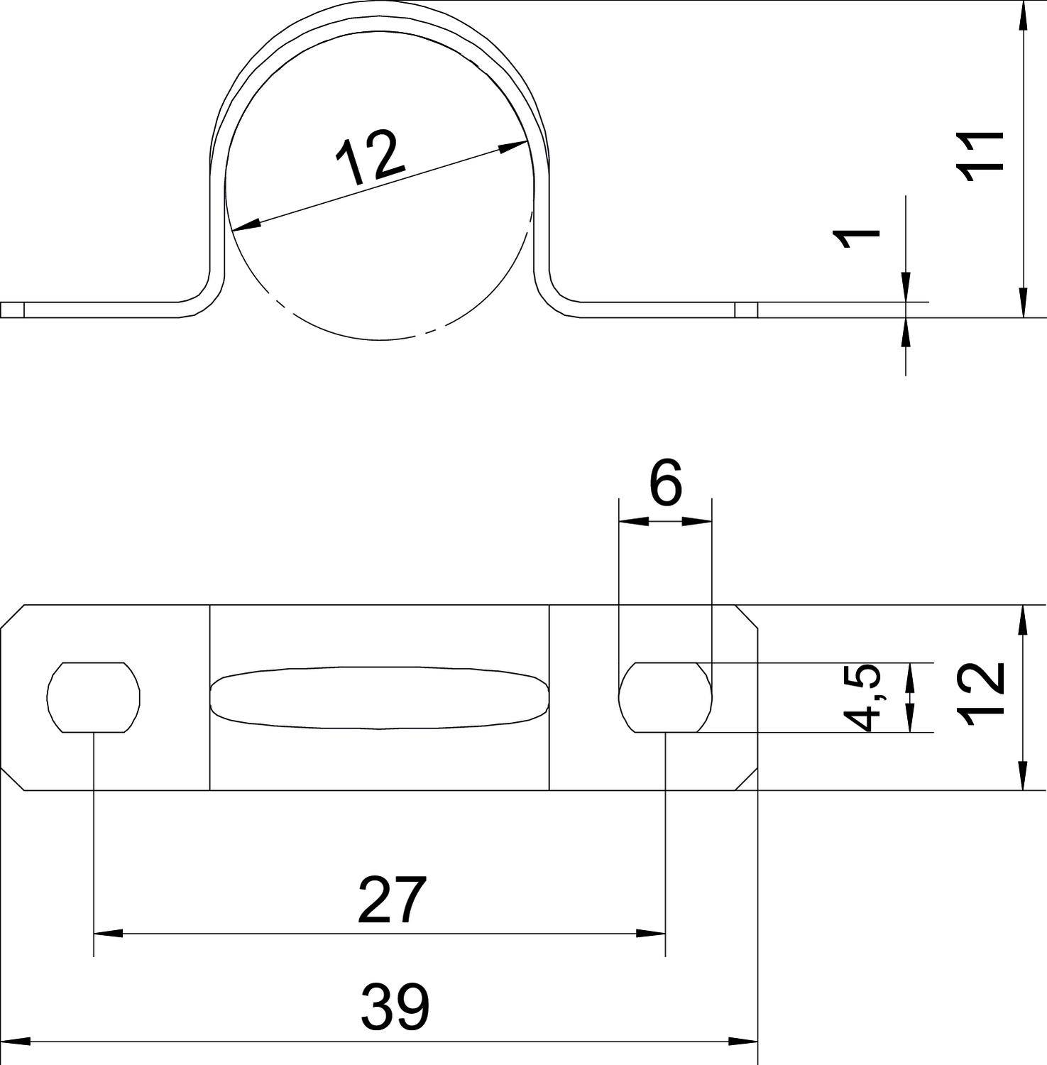 Technische Zeichnung eines Metallbügels mit Maßen: oben 12 mm Durchmesser, 11 mm Höhe, 39 mm Länge, Loch 27 mm Abstand.