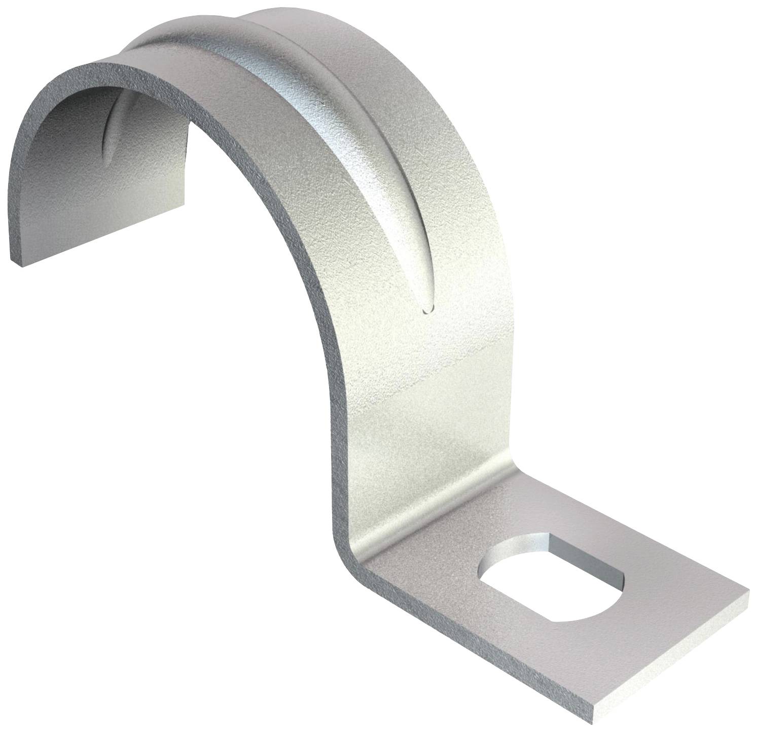 Eine silberne Rohrschelle aus Metall mit einer Öffnung an der flachen Basis, verwendet zur Befestigung von Rohren an Oberflächen.