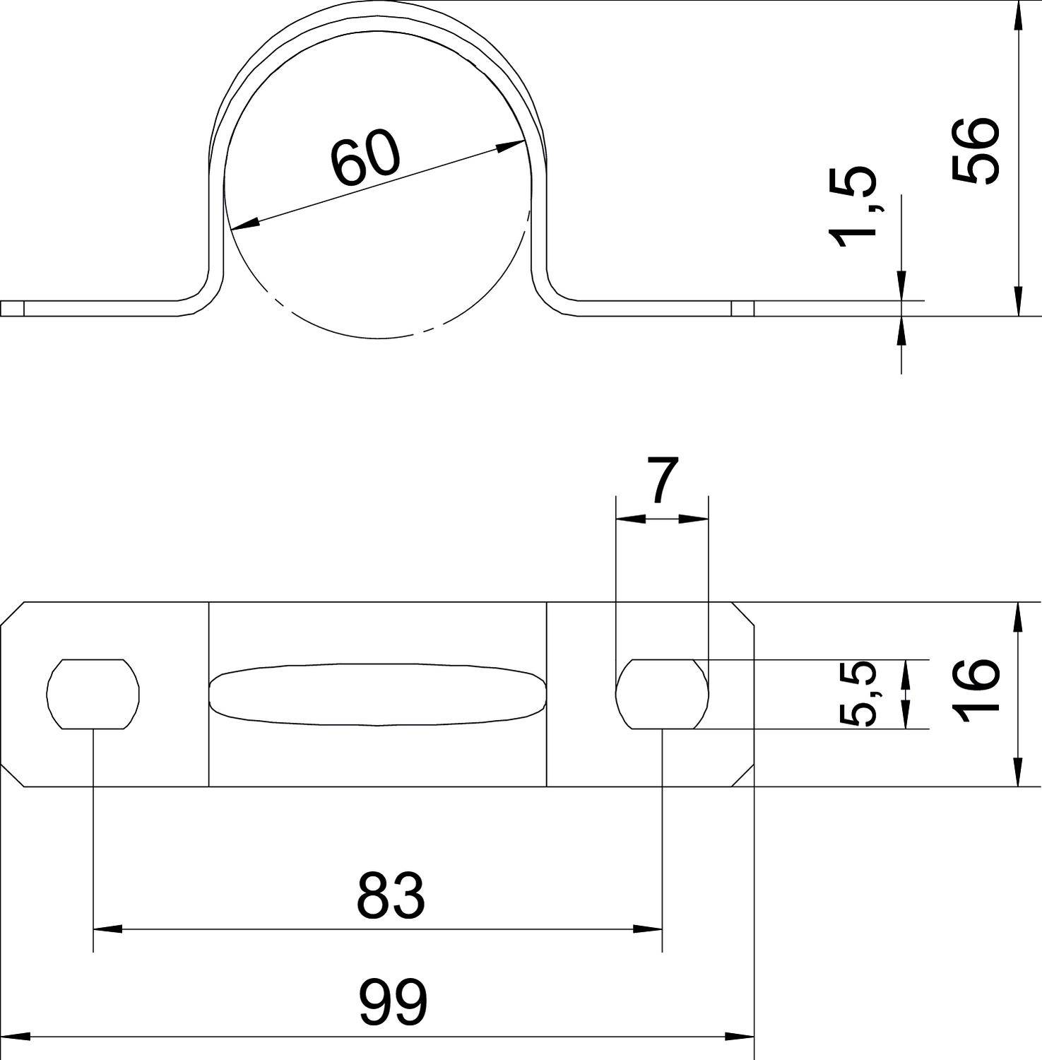 Technische Zeichnung eines Metallclips mit Maßen: Höhe 56 mm, Breite 99 mm, Innendurchmesser 60 mm. Bohrung 7 mm, Abstände markiert.
