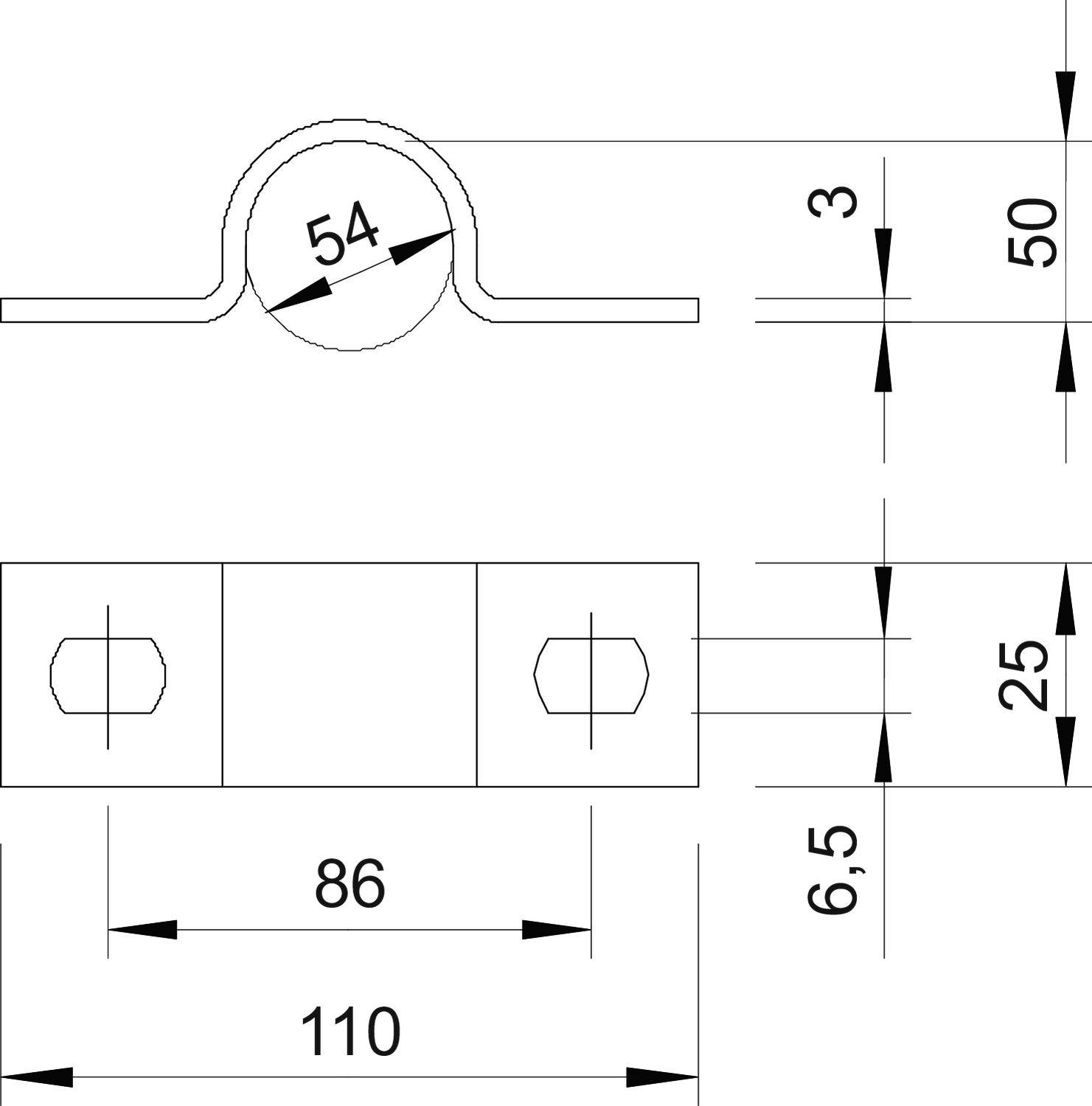 Technische Zeichnung einer Schelle mit Maßen: Durchmesser 54 mm, Gesamtlänge 110 mm, Breite 50 mm, Lochabstand 86 mm.