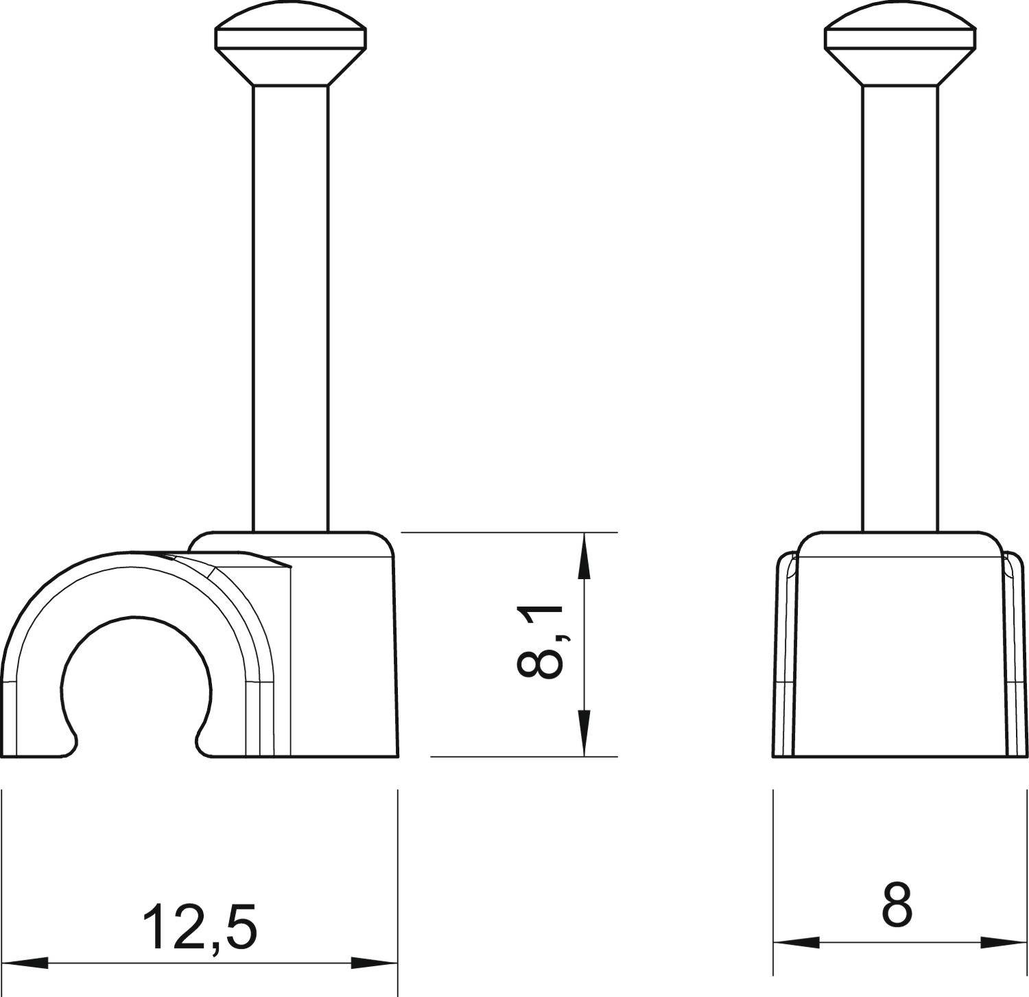 Technische Zeichnung zweier Kabelschellen. Linke zeigt Seitenansicht mit Maßen 12,5 mm, 8,1 mm. Rechte zeigt Vorderansicht mit Breite 8 mm.