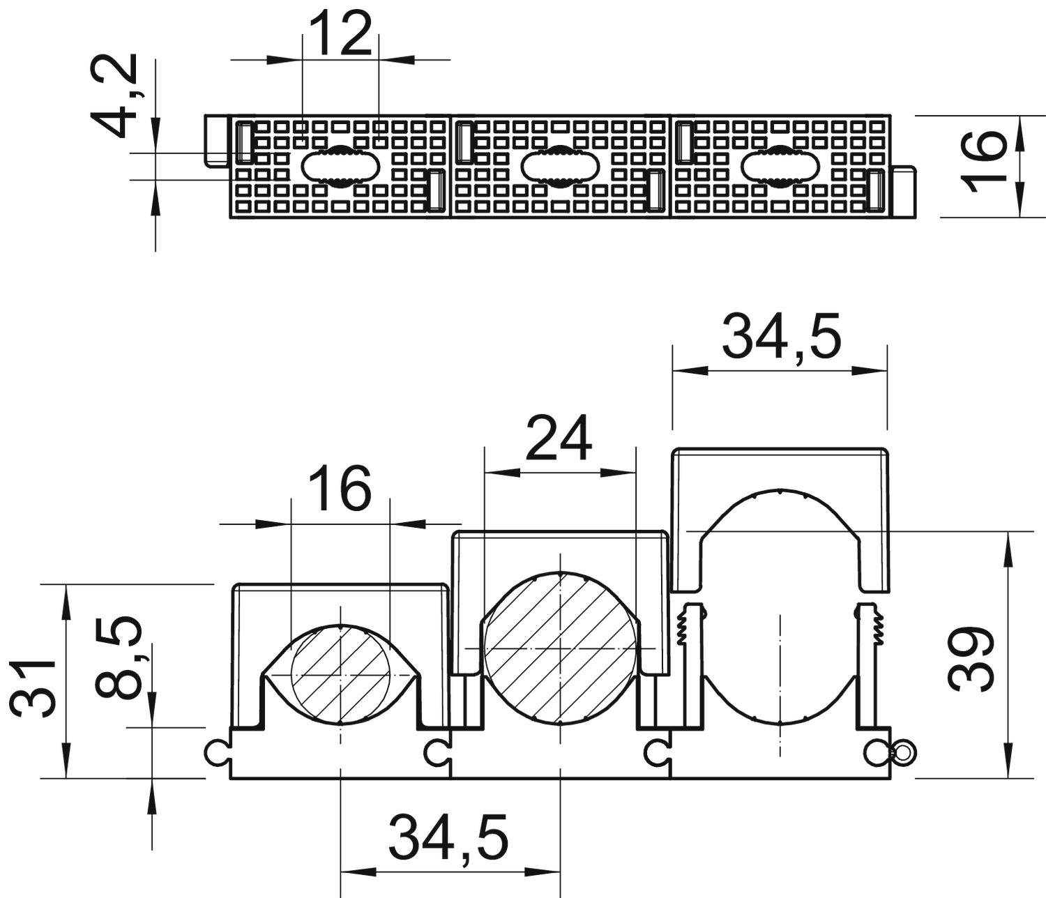 Technische Zeichnung eines Querschnitts mit genauen Abmessungen für Bauteile. Hauptmaße: 34,5 mm, 16 mm, 24 mm.