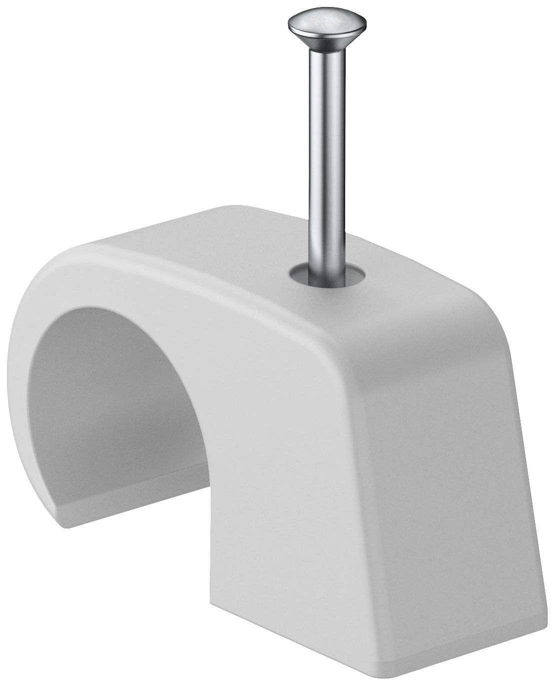 Ein graues Kabelklemme mit einem eingesteckten Nagel, zum Befestigen von Kabeln auf flachen Oberflächen.