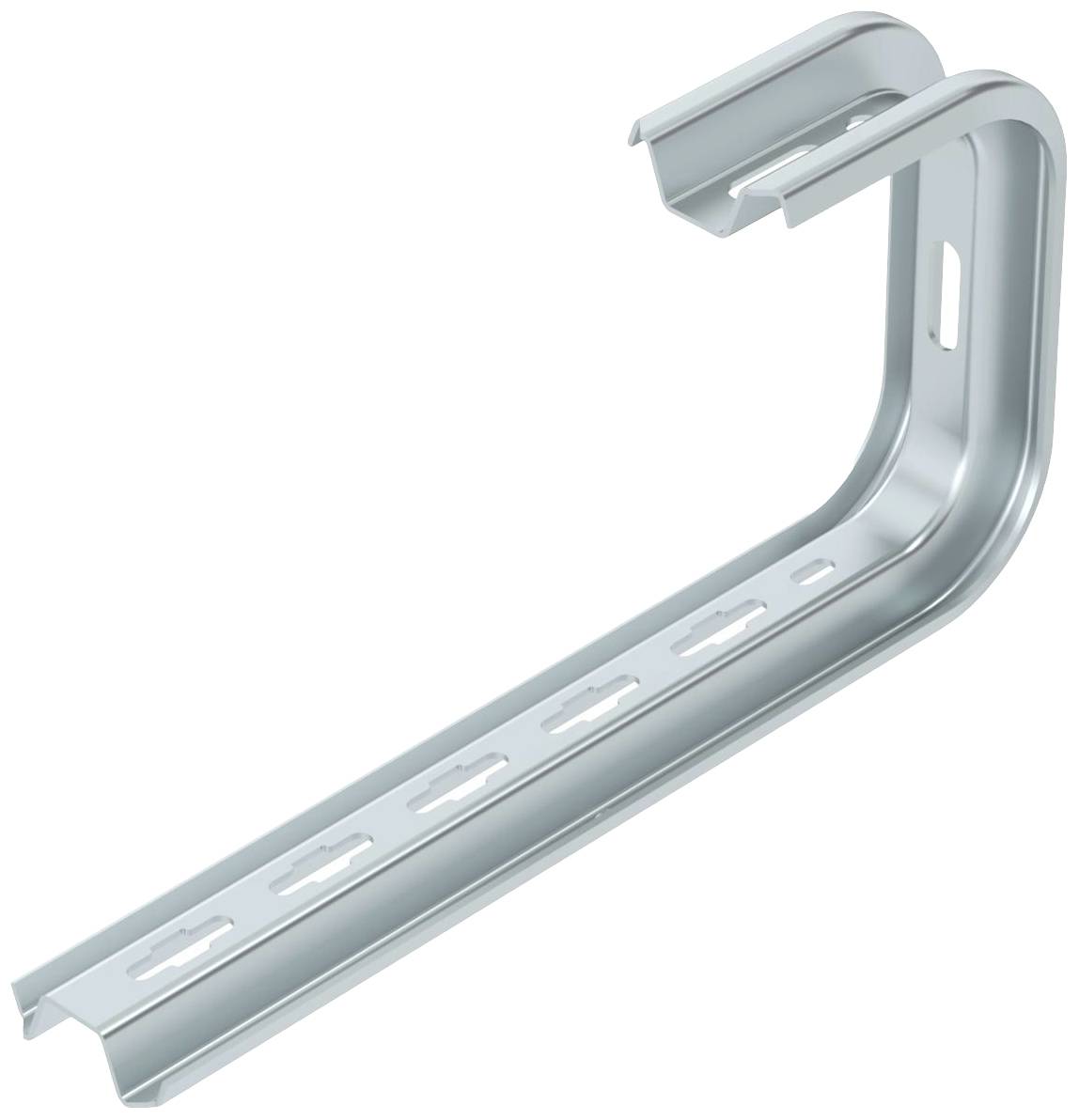 Metallhalterung in L-Form mit mehreren Schlitzen zur Befestigung. Geeignet für Bau- oder Installationszwecke.