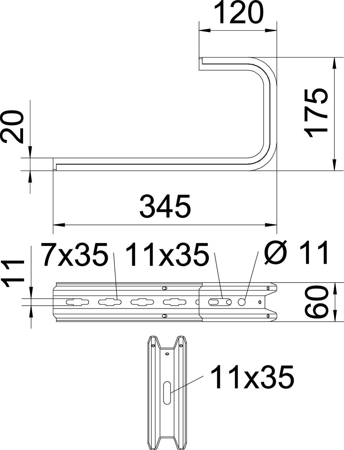 Technische Zeichnung: Profilansicht eines Metallelements mit Maßen 345x175x60 mm, inklusive Bohrungen von 11 mm Durchmesser.