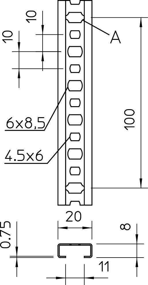 Technische Zeichnung eines Metallprofils mit Maßangaben in Millimetern: Länge 100, Breite 20, Höhe 11; Lochgrößen 6x8,5 und 4,5x6.