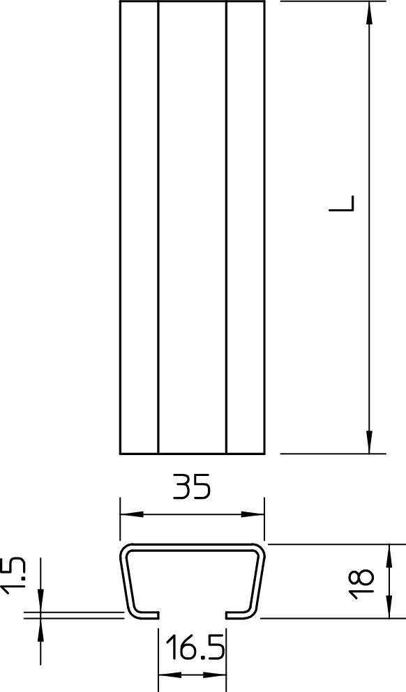 Technische Zeichnung eines Bauteils. Rechteckform mit den Maßen 35 x L (Länge nicht spezifiziert). Querschnitt zeigt 18 mm Höhe und 16,5 mm Breite, mit 1,5 mm Wanddicke.