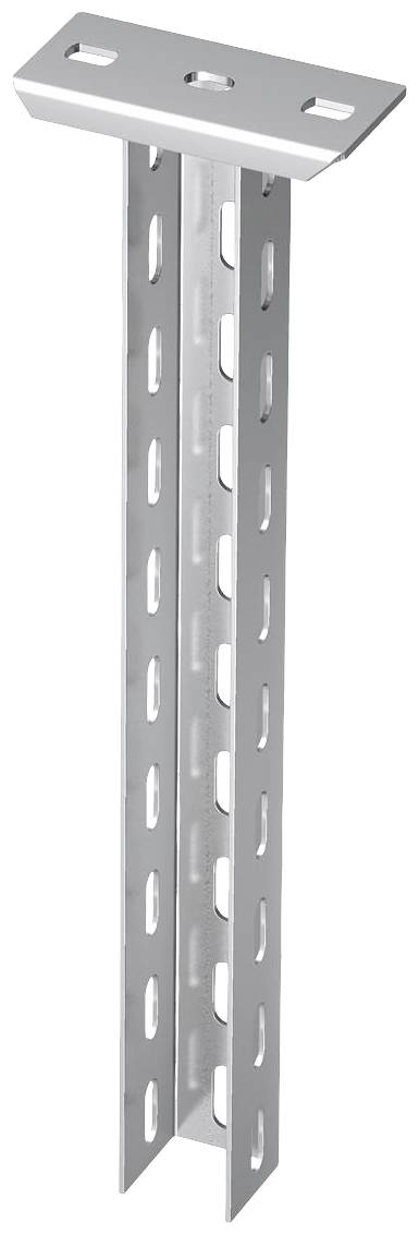 Eine silberne, metallene Halterung mit Schlitzen an der Seite, geeignet zur Befestigung oder Montage von Bauteilen an Wänden oder Decken.