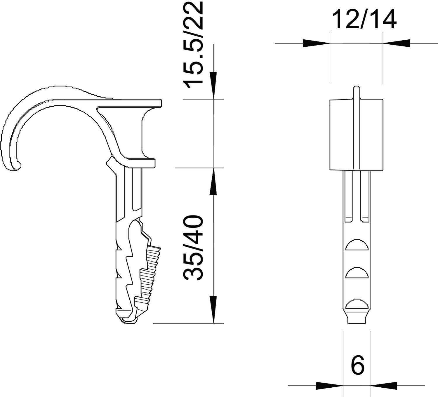 Technische Zeichnung eines Dübeltyps mit Maßen: Höhe 35/40 mm, Breite 12/14 mm, Länge 15,5/22 mm, mit Detailansicht des Hakens.