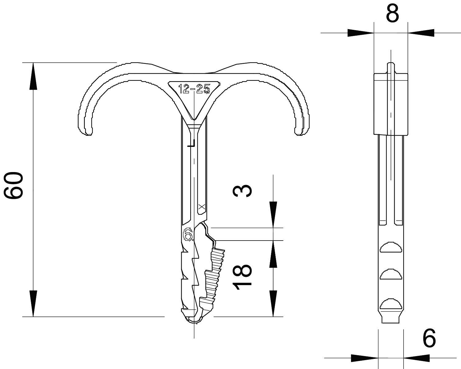 Technische Zeichnung eines Dübels mit Maßen: Gesamtlänge 60 mm, 8 mm Durchmesser, mit gezahntem Endbereich von 18 mm und anderen Spezifikationen.