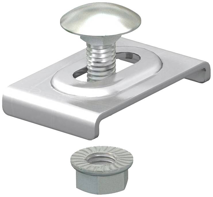 Eine silberne Metallklemme mit Schraube und Mutter. Die Schraube sitzt in einer ovalen Öffnung der Klemme, die Mutter liegt darunter.