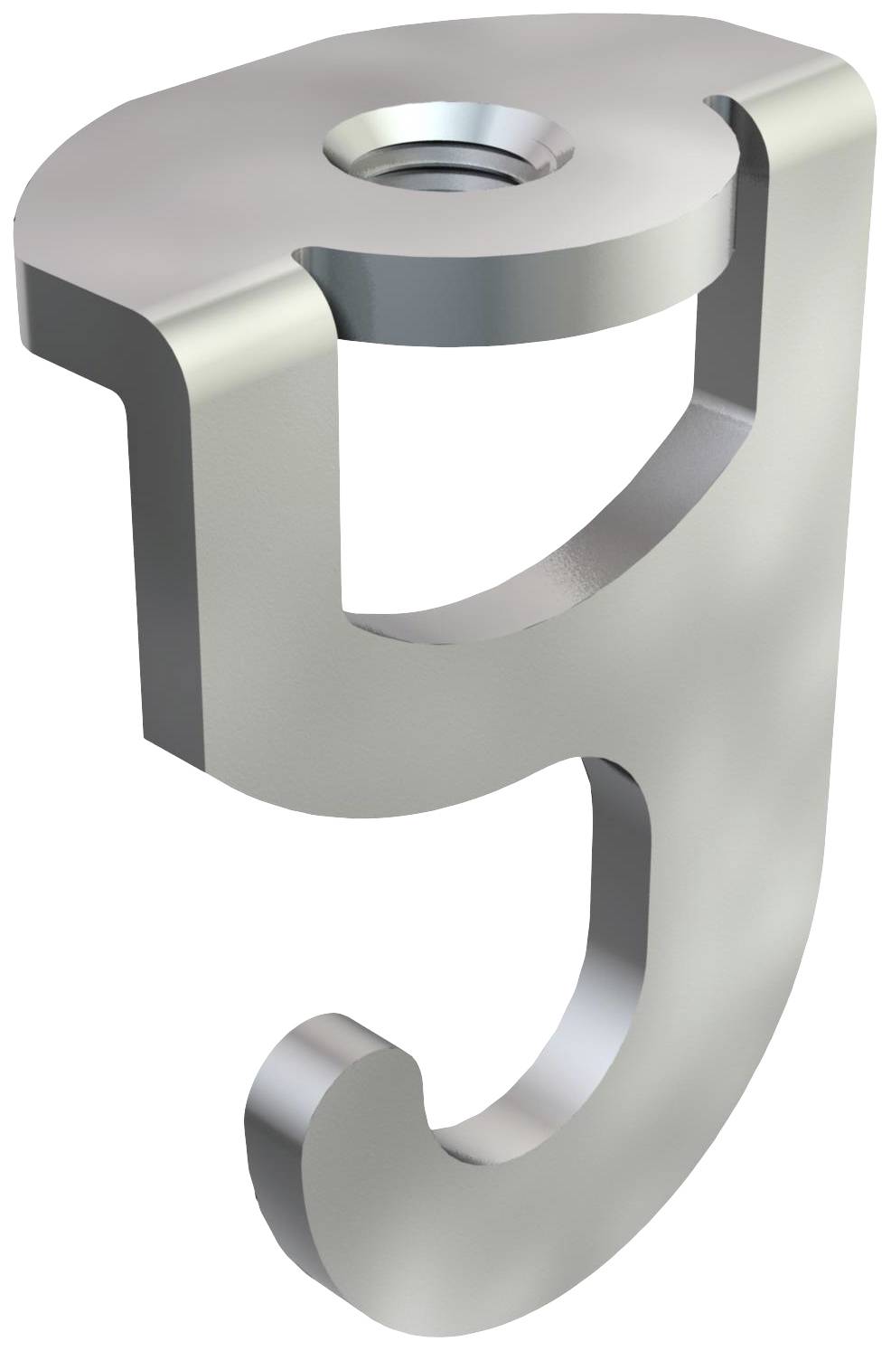 Dreidimensionales Metallteil mit Hakendesign und Bohrloch oben.