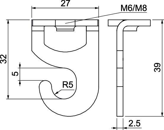 Technische Zeichnung eines Metallhakens mit Maßen: 27 mm Breite, 32 mm Höhe, 39 mm Tiefe. Hakenradius R5, Bohrlöcher M6/M8.