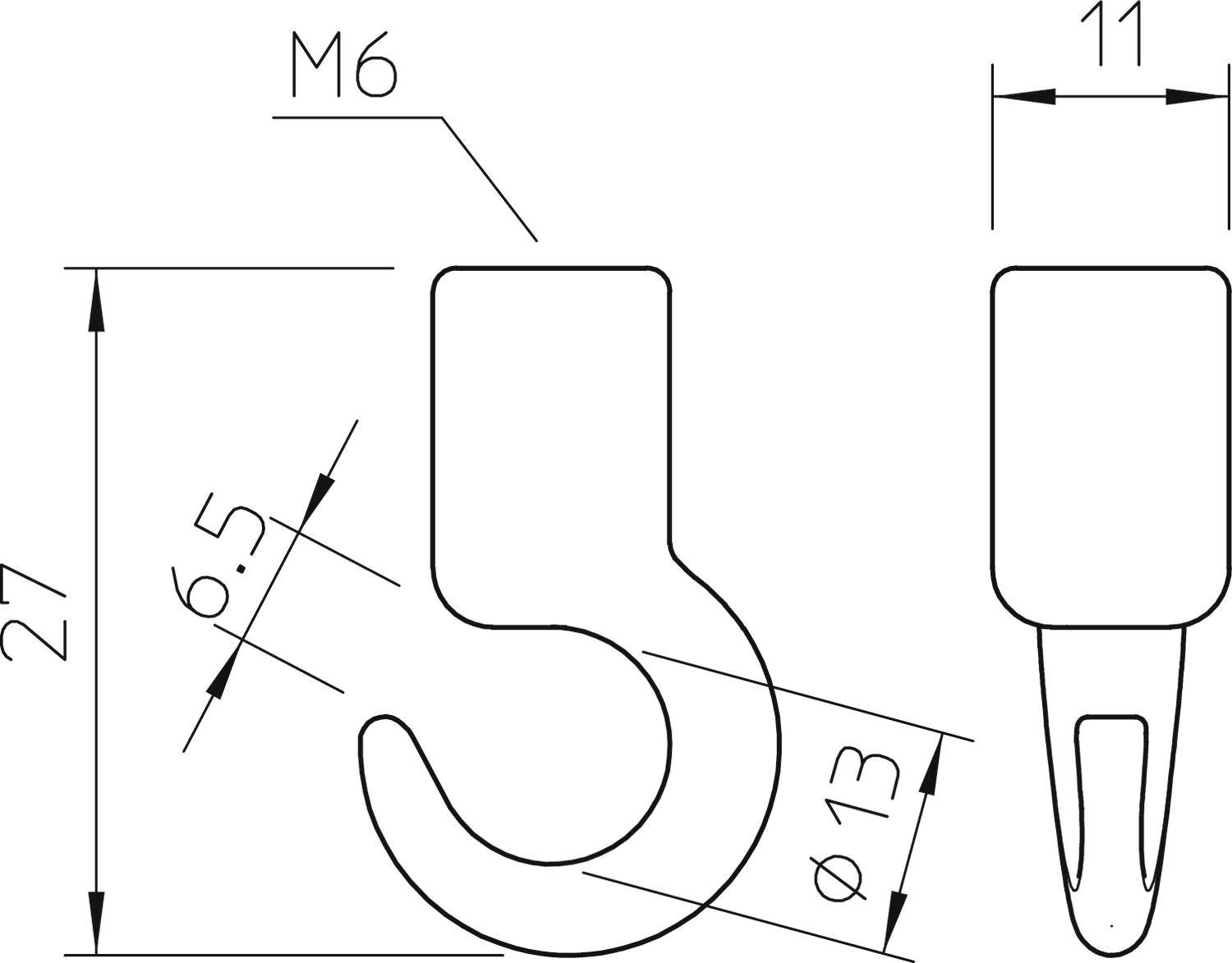 Technische Zeichnung eines Hakens mit Maßen: Gesamthöhe 27 mm, Hakenöffnung 6,5 mm, Durchmesser 13 mm, Bolzen M6, Breite 11 mm.