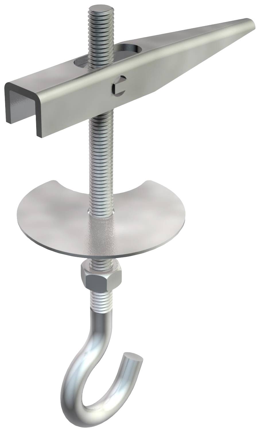 Befestigungshaken mit Gewindestange, Mutter und Flügelschraube aus Metall, geeignet zur sicheren Deckenmontage von Geräten oder Lampen.