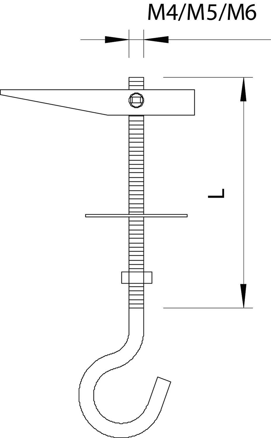Technische Zeichnung eines Hakens mit Gewinde. Beschriftet mit 'M4/M5/M6'. Höhen- und Längenmaße sind durch Pfeile angezeigt.