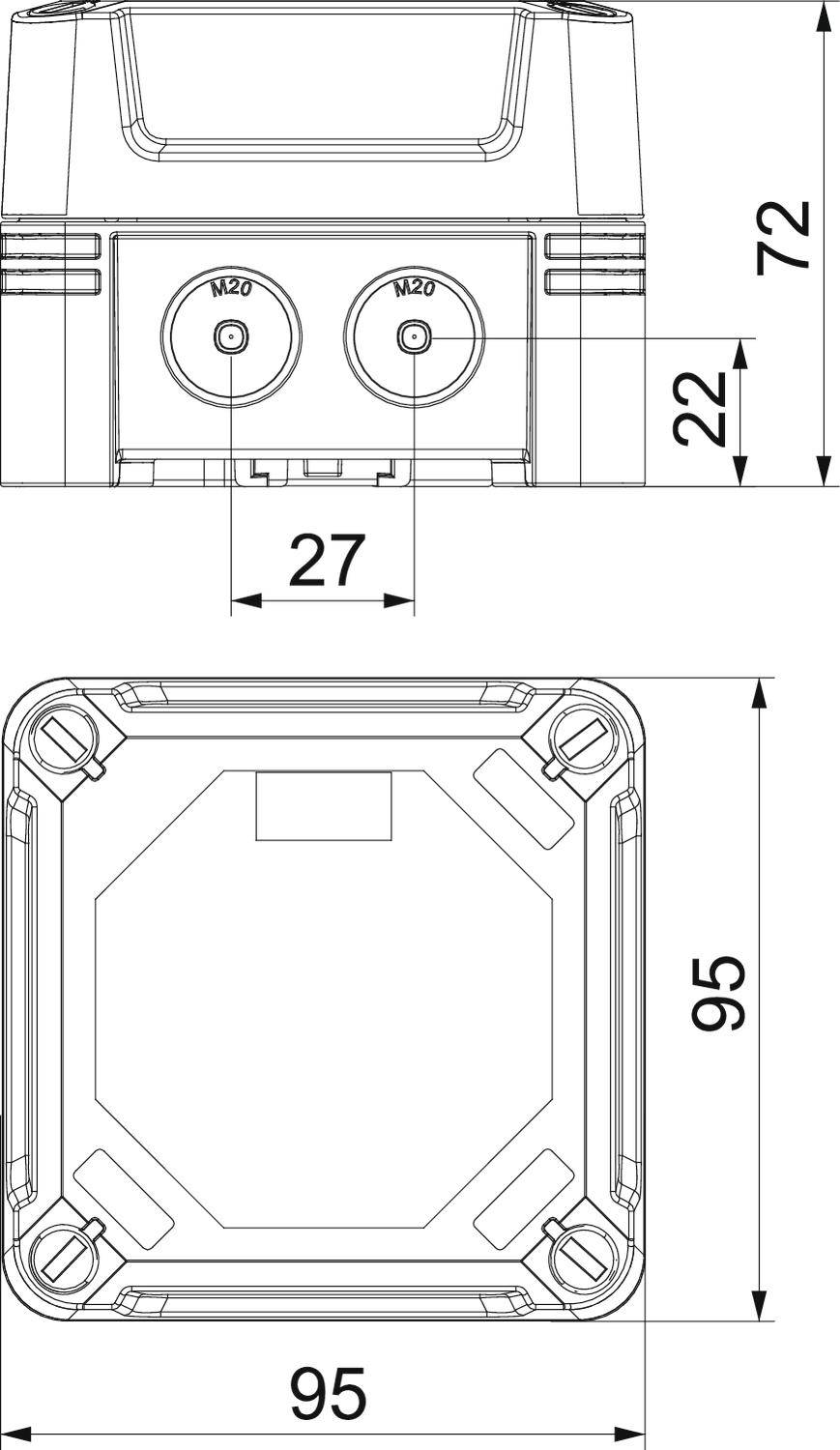 Zeichnung eines rechteckigen elektrischen Gehäuses mit Abmessungen: 95 x 95 x 72 mm. Frontansicht mit zwei M20 Öffnungen.