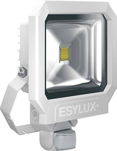 Ein weißer Außenstrahler mit Bewegungssensor. Der LED-Strahler von ESYLUX ist zur Beleuchtung von Außenbereichen geeignet.