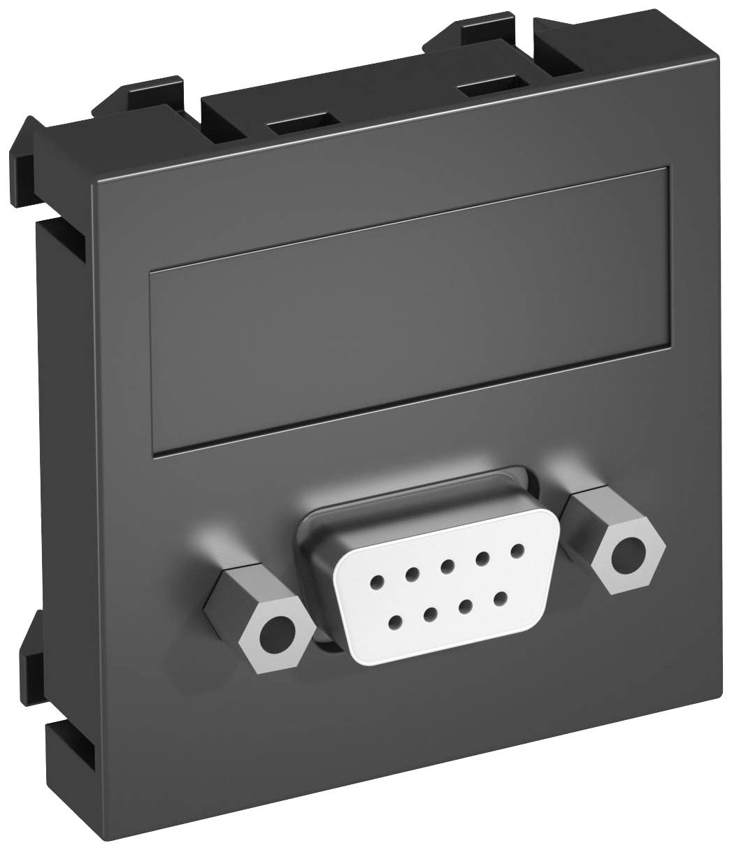Ein schwarzer VGA-Anschluss mit sechzehn Pins, hinter einer rechteckigen Blende, passend für eine standardmäßige Computerverbindung.